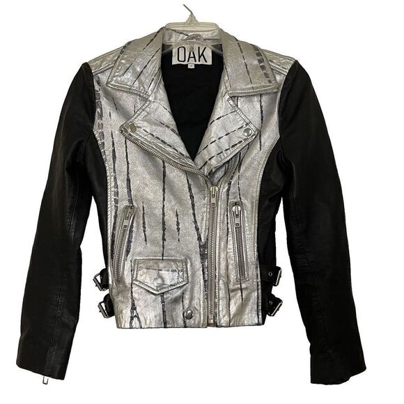 OAK Genuine Leather Black and silver metallic motorcycle riding zip up jacket S - Picture 3 of 8